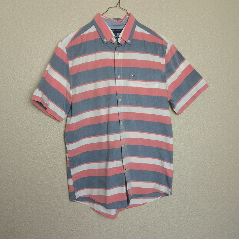TOMMY- HILFIGER men's striped short-sleeved button-down shirt blue/pink size s/p